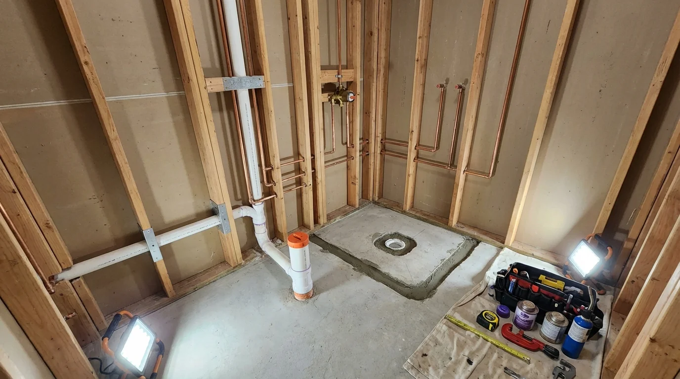 Bathroom rough-in plumbing during remodel by Johns Plumbing LLC in Greenville