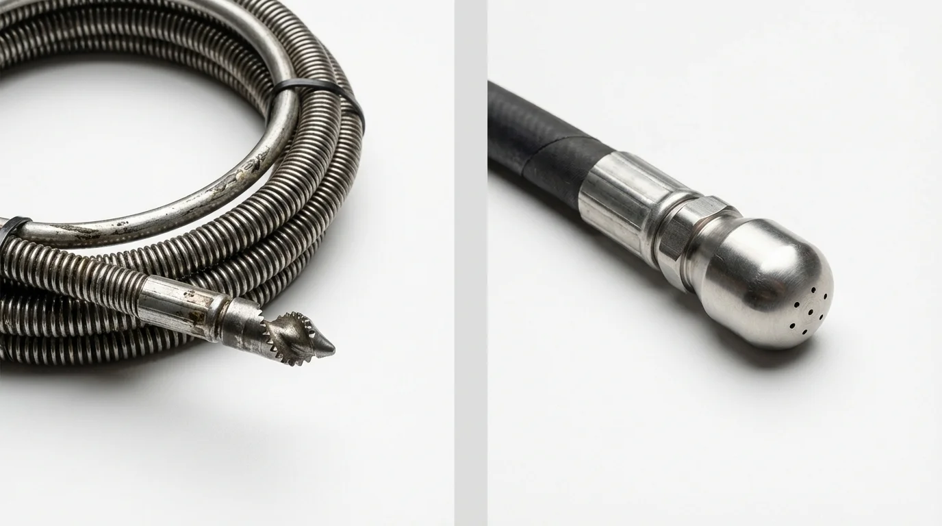 Drain snake cable and hydro jetting nozzle used for drain cleaning in Greenville, SC