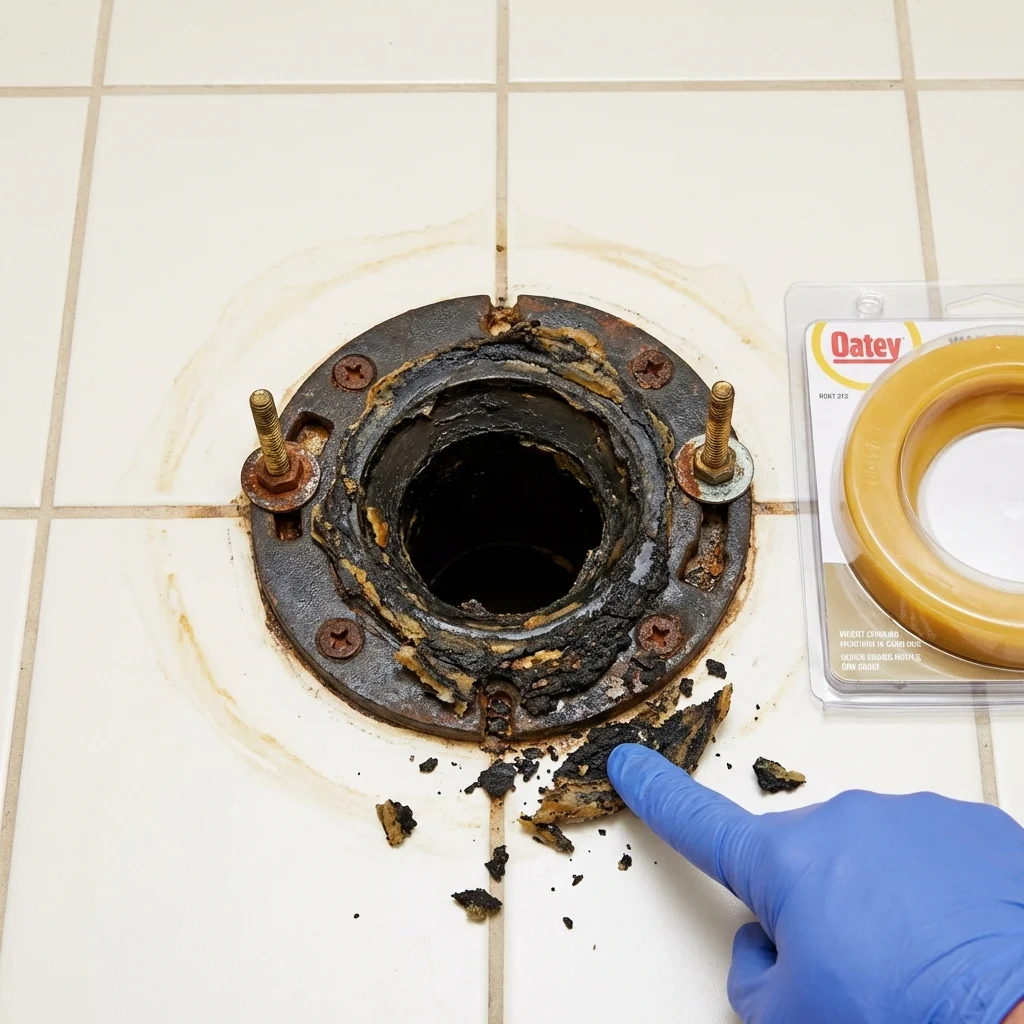 Failed wax ring showing water seepage at the base of a toilet in a Greenville, SC home