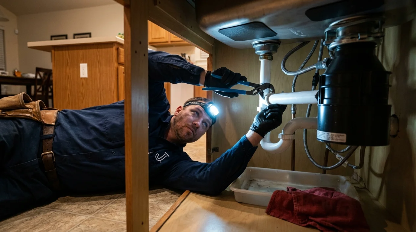 P-trap and supply line connections under a kitchen sink showing a common leak point in Greenville, SC
